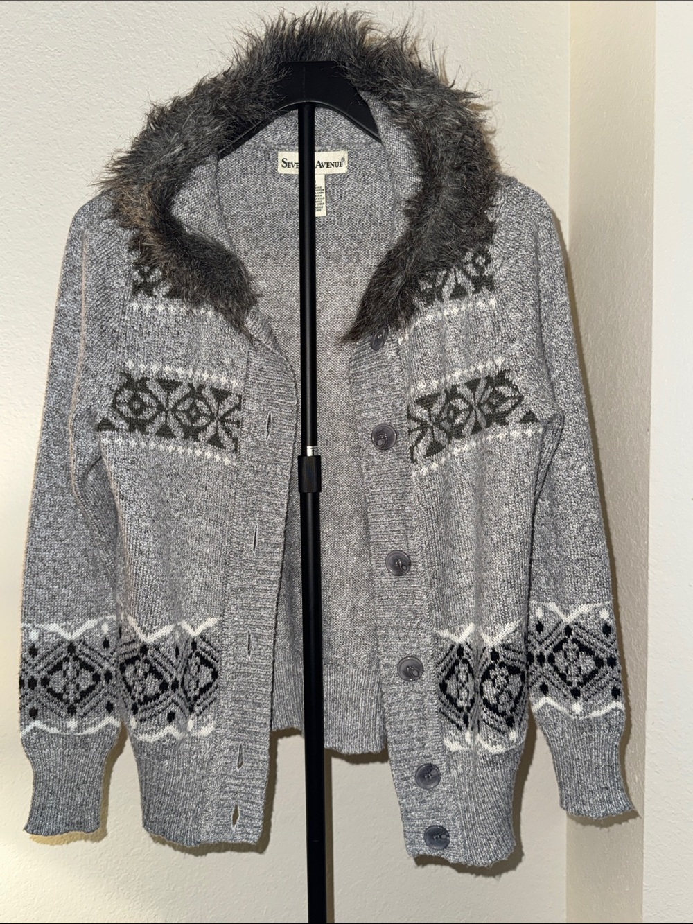 Women's Gray Knit Hooded Cardigan with Faux Fur Collar